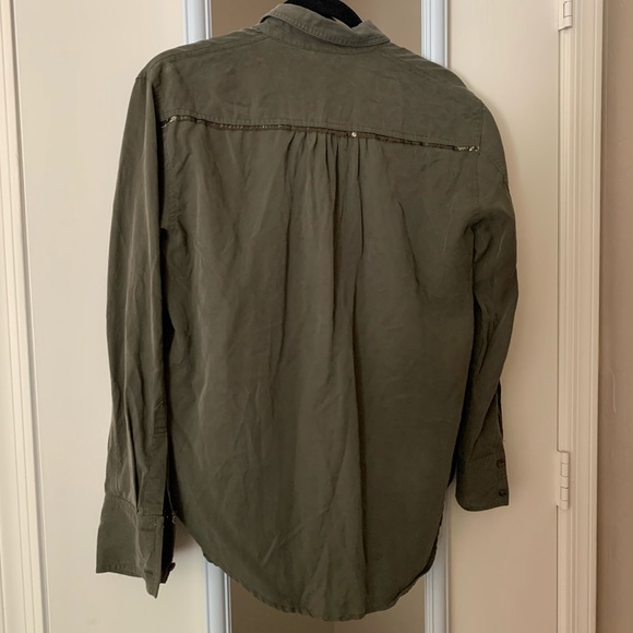 Free People Off Campus button down Moss metallic gold Olive Green Blouse XS - Picture 10 of 11